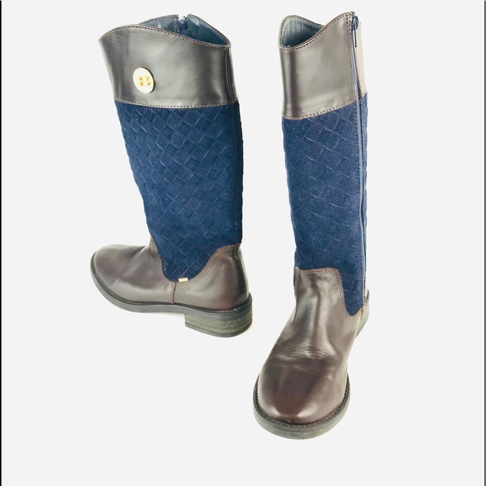 BOSI Riding Boots Quilted Blue Suede and Brown Smooth Leather Womens Size 5